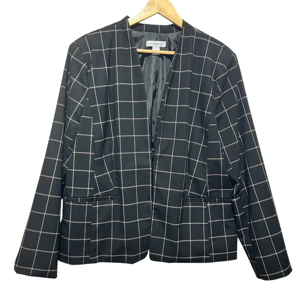 Liz Claiborne Women Blazer 18 Black Windowpane Hook Front‎ Tailored Minimalist